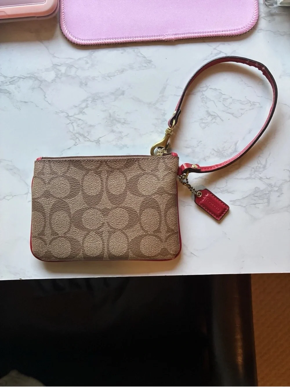 Coach Signature Canvas Wristlet in Khaki with Red Trim